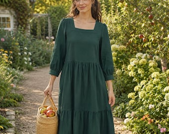 Square Neck Linen Maxi Dress KAIA, Tiered Linen Dress with Pockets, 3/4 Sleeve Cottagecore Dress, Flowy Summer Dress
