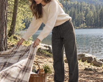 Plaid Wool Pants, Elastic Waist Wool Trousers, Relaxed Straight Leg Pants, Wool Blend Fall Winter Pants for Women