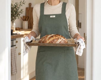 Reversible Linen Apron, Color Block Kitchen Gardening, Double Layer Pockets