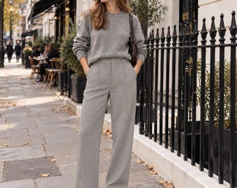 Brown Plaid Wool Wide Leg Pants, High Waisted Wool Blend Trousers, Back Elastic Waist Pants, Fall Winter Pants for Women