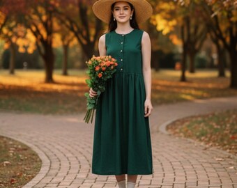 Linen Maxi Dress | Sleeveless Summer Clothing, Button Detail