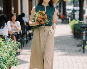 Button Down Midi Skirt, Linen Cotton Blend, Women's Casual Wear