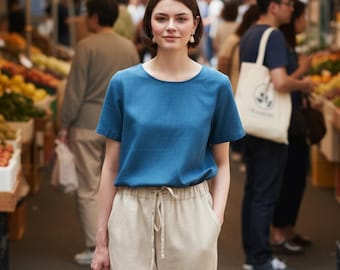 CLARA Short Sleeve Linen Blouse, Relaxed Fit, Breathable Cotton Blend Top