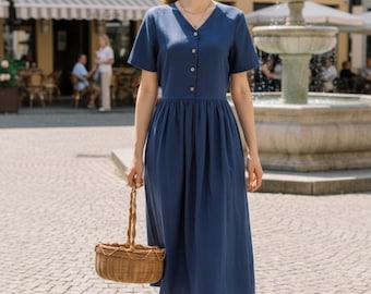 Linen Button Front Dress JASMINE, Short Sleeve V Neck Smock, Women's Clothing