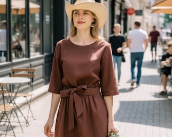 Linen Flare Dress, Boat-Neckline, Kimono Sleeves, Belted Waist, Knee-Length, Pockets