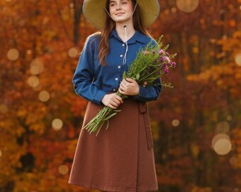 Linen Wrap Skirt, High Waisted, A-Line, Knee Length, Linen Clothing