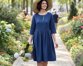 Linen Blend Dress with Pockets, 3/4 Sleeve Knee Length, Gathered Waistline
