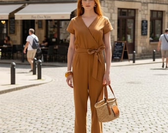 Linen Wrap Jumpsuit, Belted Romper, Short Sleeve Women's Clothing