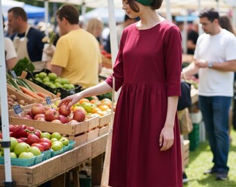 Linen Dress with Pockets ELLE, 3/4 Sleeve Knee Length Summer Dress