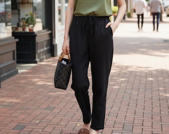 Linen Blend Drawstring Pants, Elastic Waist, Side Pockets, Women's Clothing