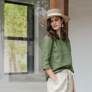 Linen Top Boat Neck And Elbow Length Sleeves Premium Linen Clothing for Women Green