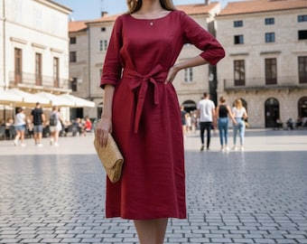 Linen MIDI Dress, Elegant Short Sleeves Dress With Belt, Linen Dress for Woman, Waist Belt Dress, A Dress, Loungewear, Hannah Canvas Linen MIDI Dress, Elegant Short Sleeves Dress With Belt, Linen Dress for Woman, Waist Belt Dress, A Dress, Loungewear, Hannah Canvas