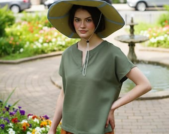 LILLIAN Linen Blouse, Round Split Neck Cap Sleeve Top, Women's Clothing