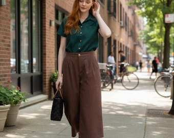 Linen Cotton Culottes, Mid Calf Wide Leg Trousers, Elastic Waist Pants