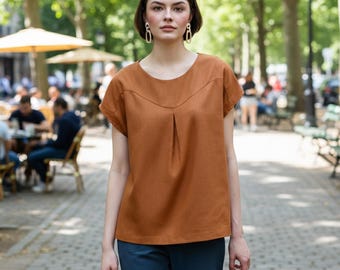 Elegant Linen Blouse ELARA with Curved Detailing, Short sleeves loose fit linen top, Breathable Linen Top, Cap sleeves Linen blouse