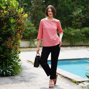 Linen Top Boat Neck And Elbow Length Sleeves - Loose Women Linen Blouse - Premium Linen Clothing for Women