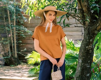 Linen Short Sleeve Top - Relaxed Fit, Natural Fabric