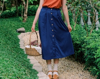 Long Button Down Linen Skirt, Midi Skirt, Linen Clothing for Women