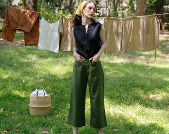 Mid-calf Linen Pants, Linen Crop Pants, Elastic-waist Linen Pants, Premium Linen Clothing for Women