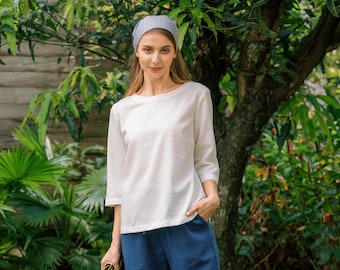 Linen Top Boat - Neck And Elbow Length Sleeves - Premium Linen Clothing for Women