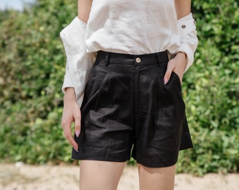 Short taille haute en lin - Vêtements en lin pour femme - Tissus naturels de qualité supérieure