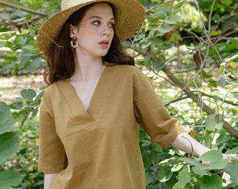 Deep V-Neck Blouse, Linen Blouse, Linen V-Neck Blouse, Premium Linen Clothing