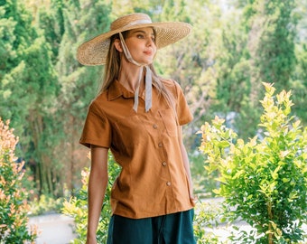 Linen Short Sleeve Shirt - Women's Button Down Top