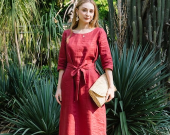 Linen Midi Dress | Elegant Short Sleeves Dress With Belt | Premium Linen Clothing for Women