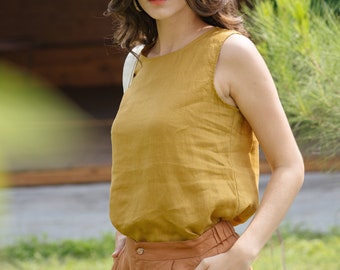 Linen Tank Top Sleeveless In Round Neck