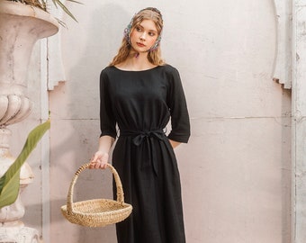 Linen Midi Dress | Elegant Short Sleeves Dress With Belt | Premium Linen Clothing for Women