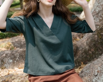 Deep V-Neck Blouse, Linen Blouse, Linen V-Neck Blouse, Premium Linen Clothing