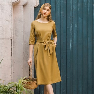 Linen dress with drop shoulder | Short sleeves midi dress | Elegant Short Sleeves Dress With Belt | Premium Linen Clothing for Women