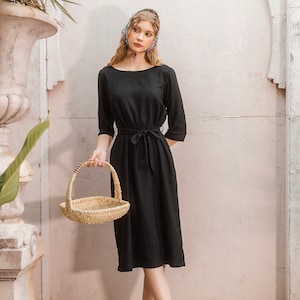 Linen Midi Dress | Elegant Short Sleeves Dress With Belt | Premium Linen Clothing for Women