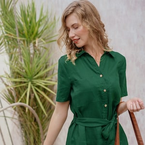 Linen Shirt Dress, Linen Dress with belt, Premium Linen Clothing for Women Green