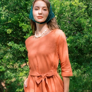 Linen Midi Dress | Elegant Short Sleeves Dress With Belt | Premium Linen Clothing for Women