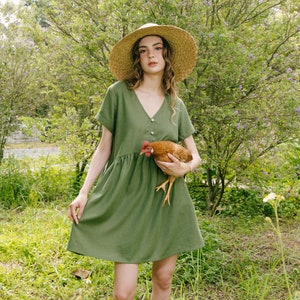 V Neck Linen Short Dress, Linen Mini Dress, Linen Sundress, Premium Linen Clothing for Women