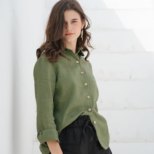 Linen collar shirt - Long Sleeves Shirt - Linen Clothing for Women