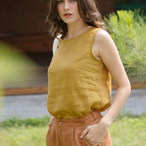 Linen Tank Top Sleeveless In Round Neck