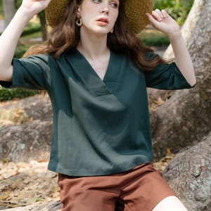 Deep V-Neck Blouse, Linen Blouse, Linen V-Neck Blouse, Premium Linen Clothing