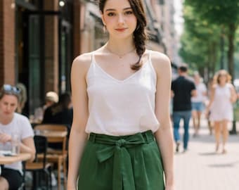 Linen V-Neck Camisole – Spaghetti Strap Top, Breathable Women's Clothing