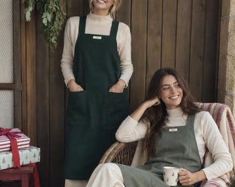 Reversible Linen Apron, Color Block Kitchen & Gardening, Double Layer, Cross Back Pockets