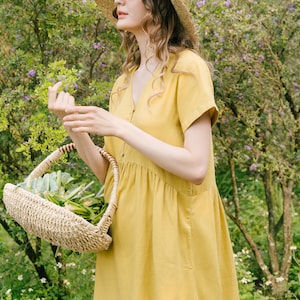 V Neck Linen Short Dress, Linen Mini Dress, Linen Sundress, Premium Linen Clothing for Women Mustard