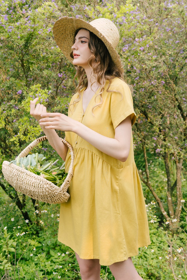 V Neck Linen Short Dress, Linen Mini Dress, Linen Sundress, Premium Linen Clothing for Women Mustard