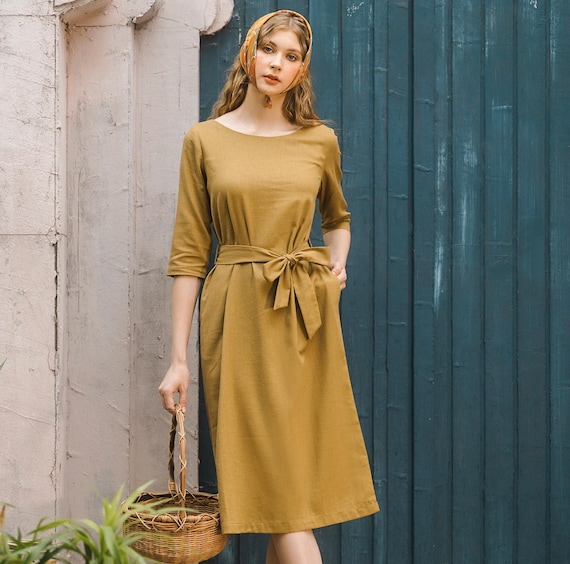 Linen Midi Dress Elegant Short Sleeves Dress With Belt Premium