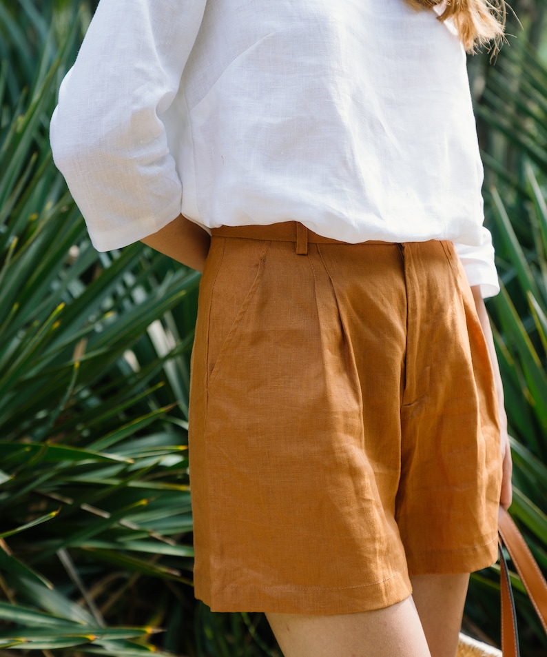Linen High Waist Shorts Linen Clothing for Women Premium Natural Fabrics Latte