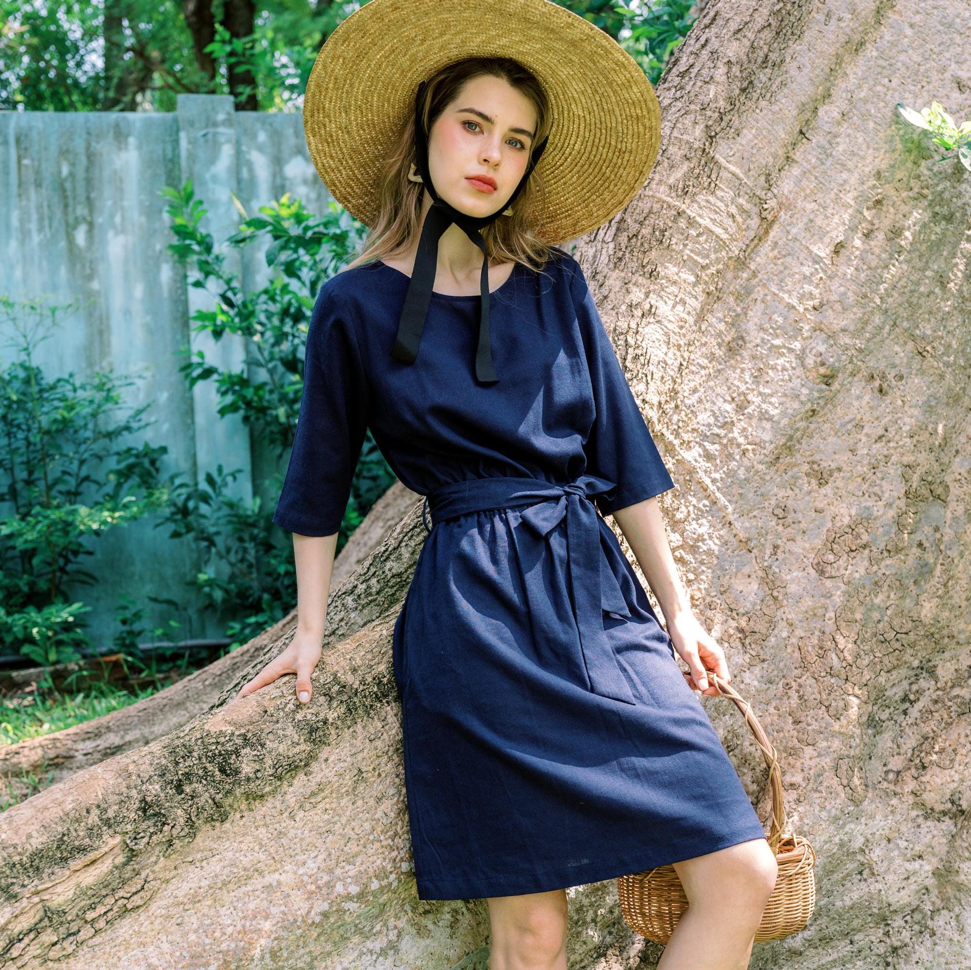 Linen Flare Dress Boat-neckline, Linen Dress with belt, Premium Linen Clothing for Women