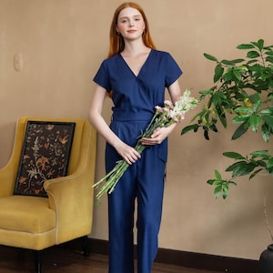 Wrap Jumpsuit, Linen Wrap Jumpsuit, Linen Jumpsuit with belt, Short sleeves linen jumpsuit, Premium Linen Clothing for Women