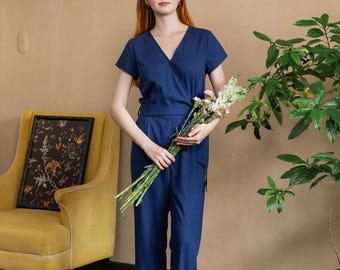 Wrap Jumpsuit, Linen Wrap Jumpsuit, Linen Jumpsuit with belt, Short sleeves linen jumpsuit, Premium Linen Clothing for Women