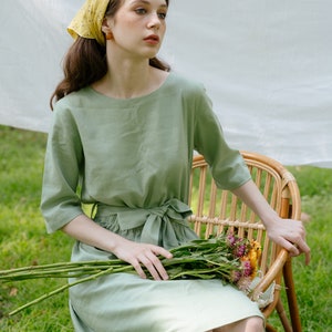 Linen Flare Dress Boat-neckline, Linen Dress with belt, Premium Linen Clothing for Women image 4