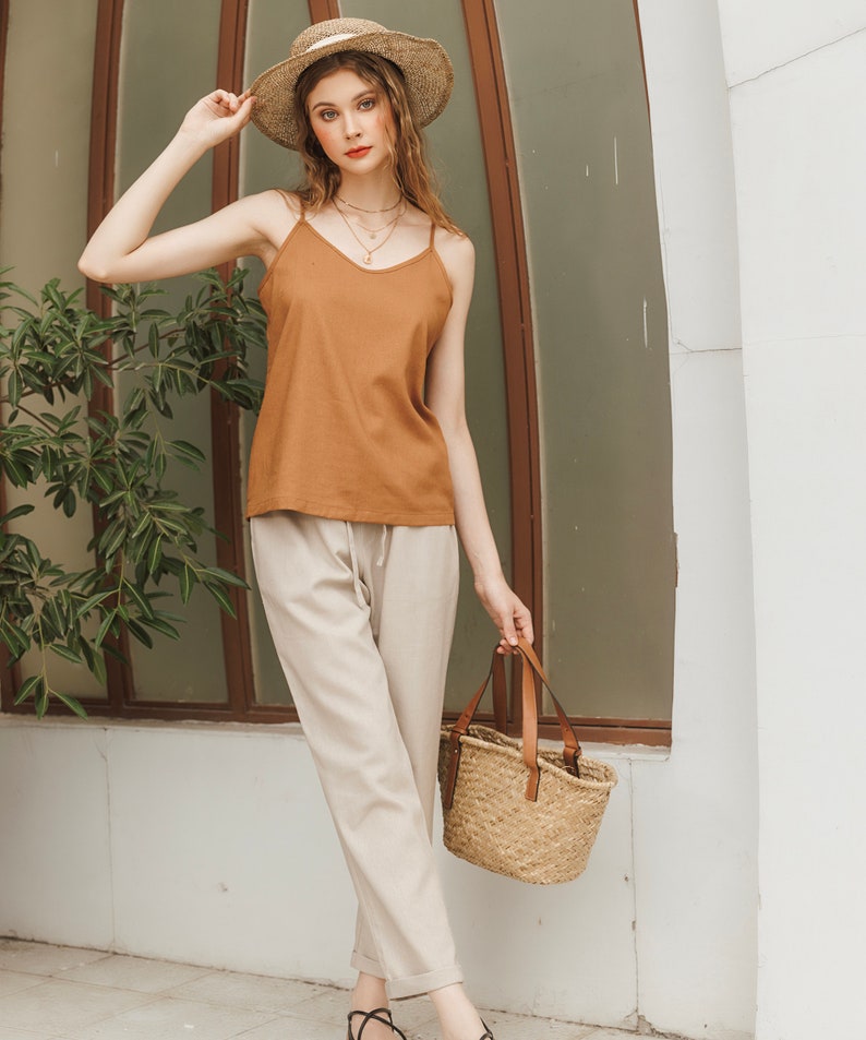 Linen Camisole V Neck Cami Top Premium Linen Clothing for Women Latte